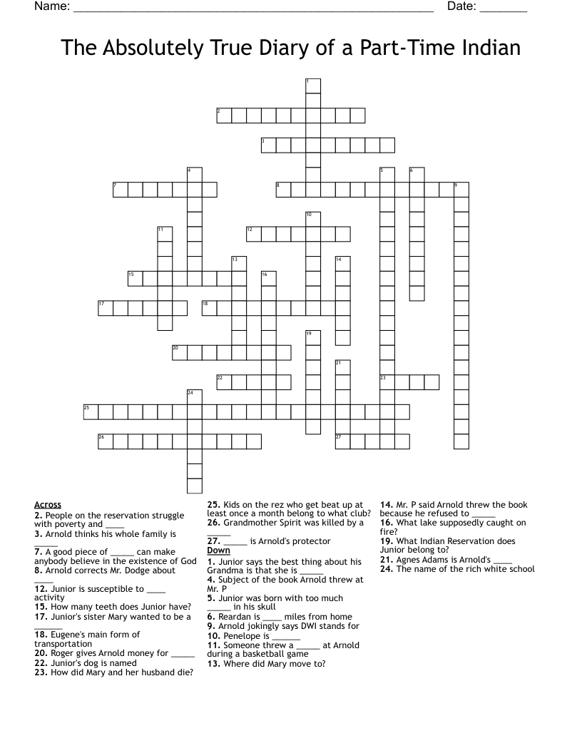 The Absolutely True Diary of a Part-Time Indian Crossword