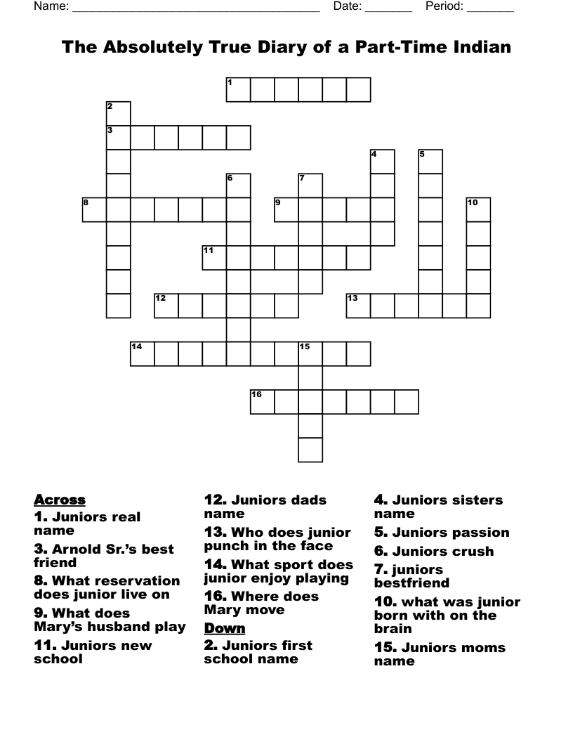 The Absolutely True Diary of a Part-Time Indian  Crossword