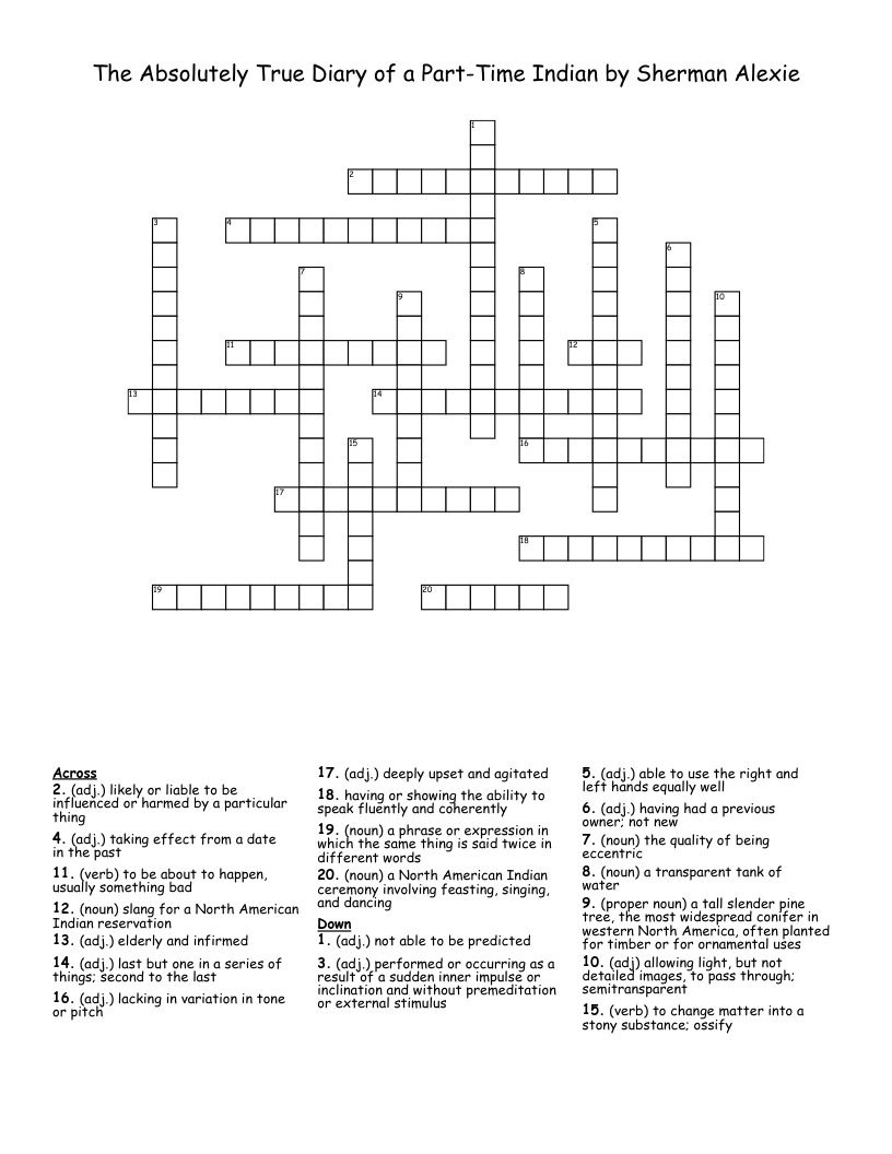The Absolutely True Diary of a Part-Time Indian by Sherman Alexie Crossword