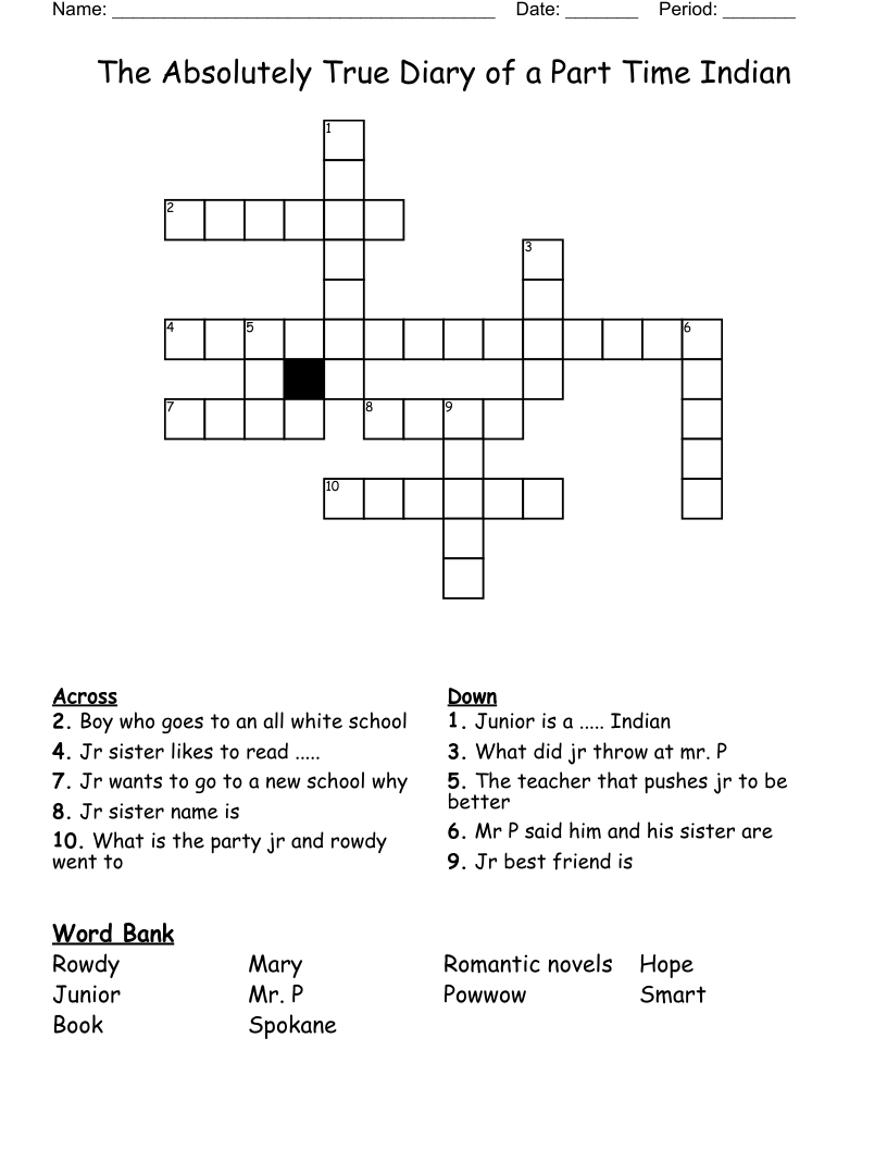 The Absolutely True Diary of a Part Time Indian  Crossword
