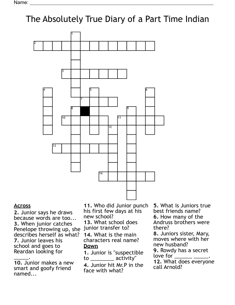 The Absolutely True Diary of a Part Time Indian  Crossword
