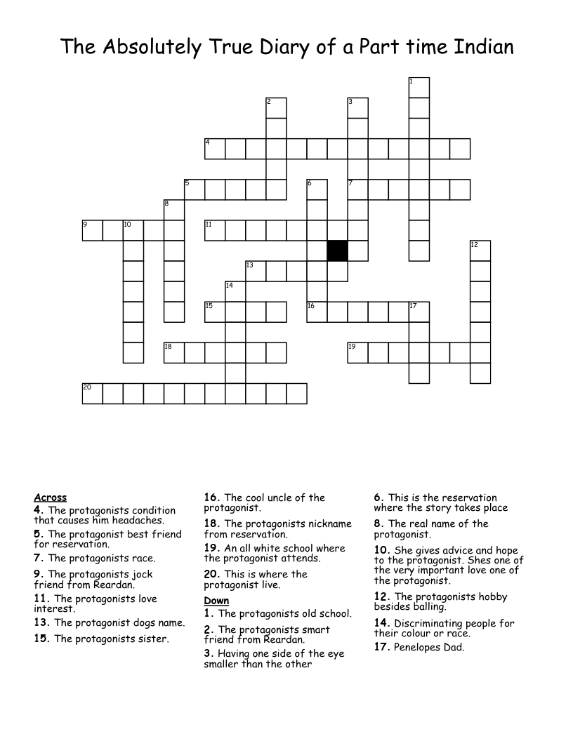 The Absolutely True Diary of a Part time Indian Crossword
