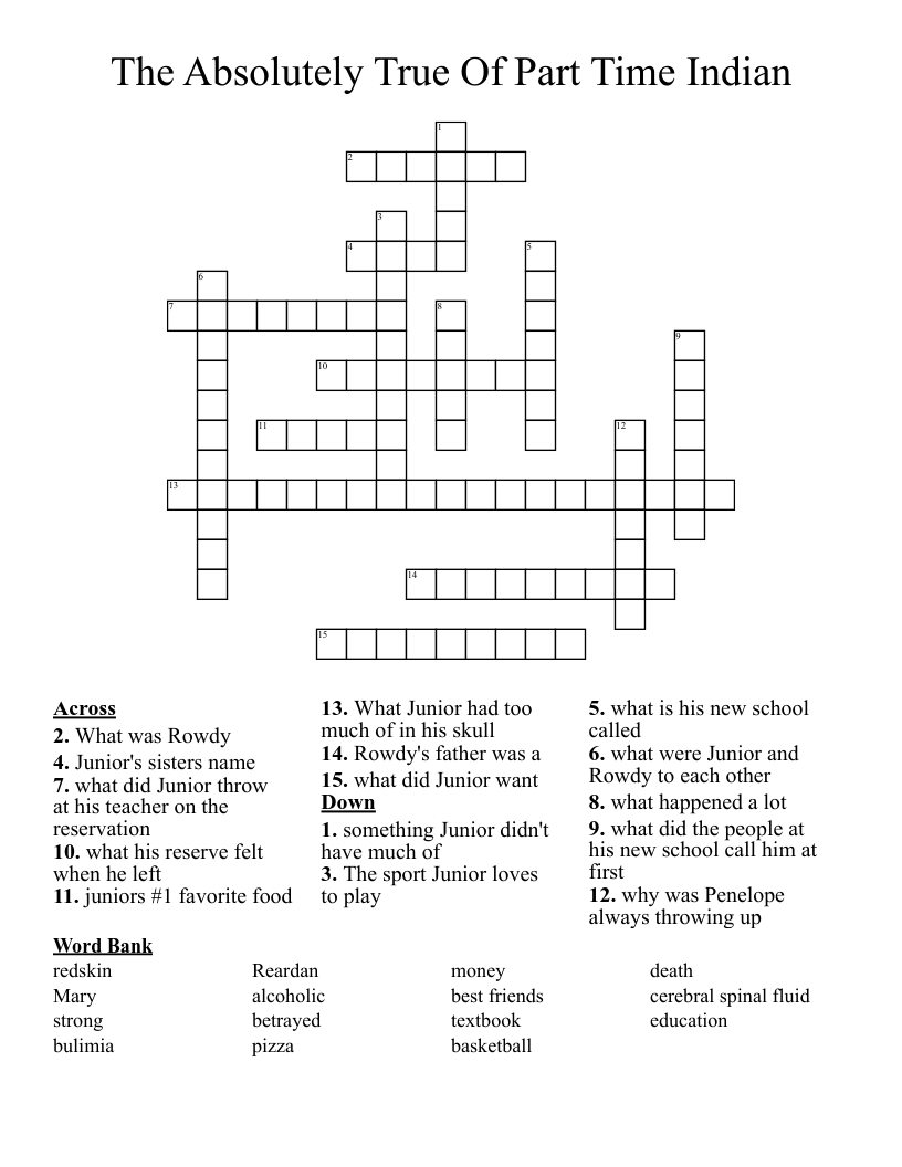 The Absolutely True Of  Part Time Indian   Crossword