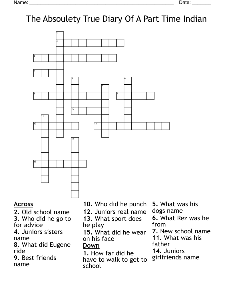 The Absoulety True Diary Of A Part Time Indian  Crossword