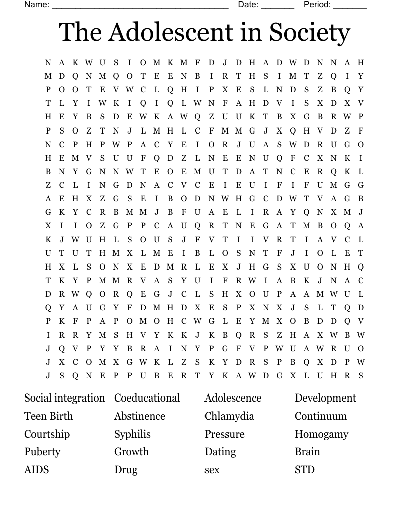 The Adolescent in Society Word Search