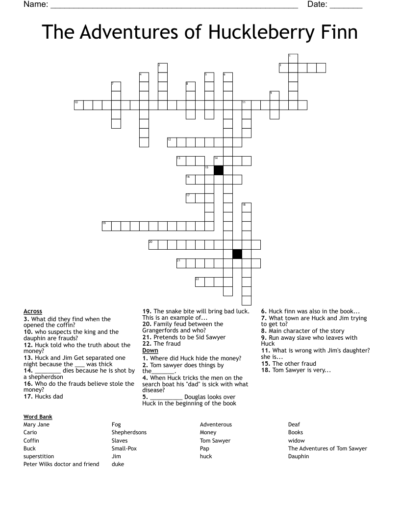 The Adventures of Huckleberry Finn Crossword