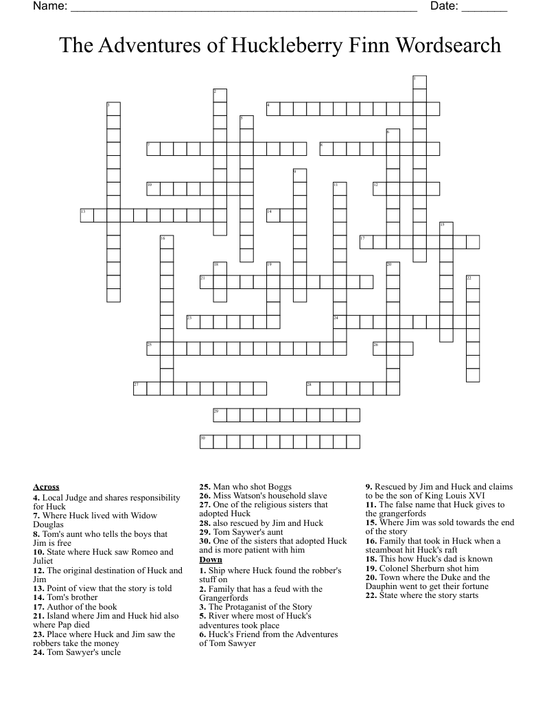 The Adventures of Huckleberry Finn Wordsearch Crossword