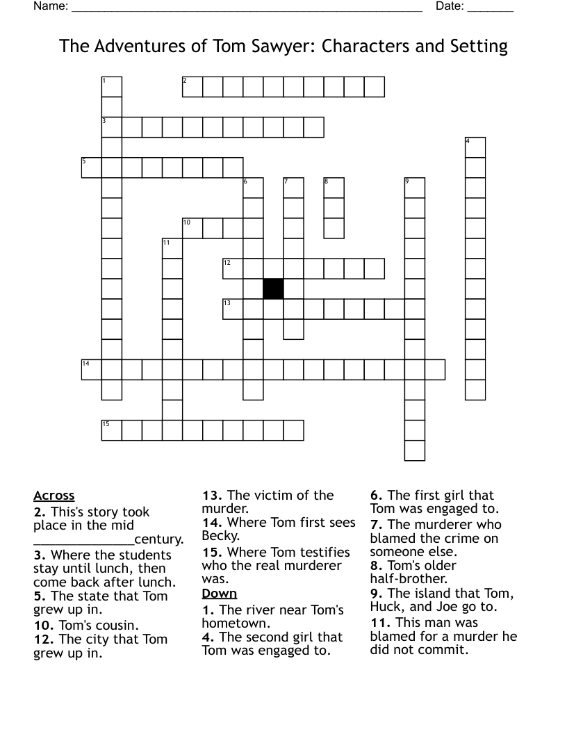 The Adventures of Tom Sawyer: Characters and Setting Crossword