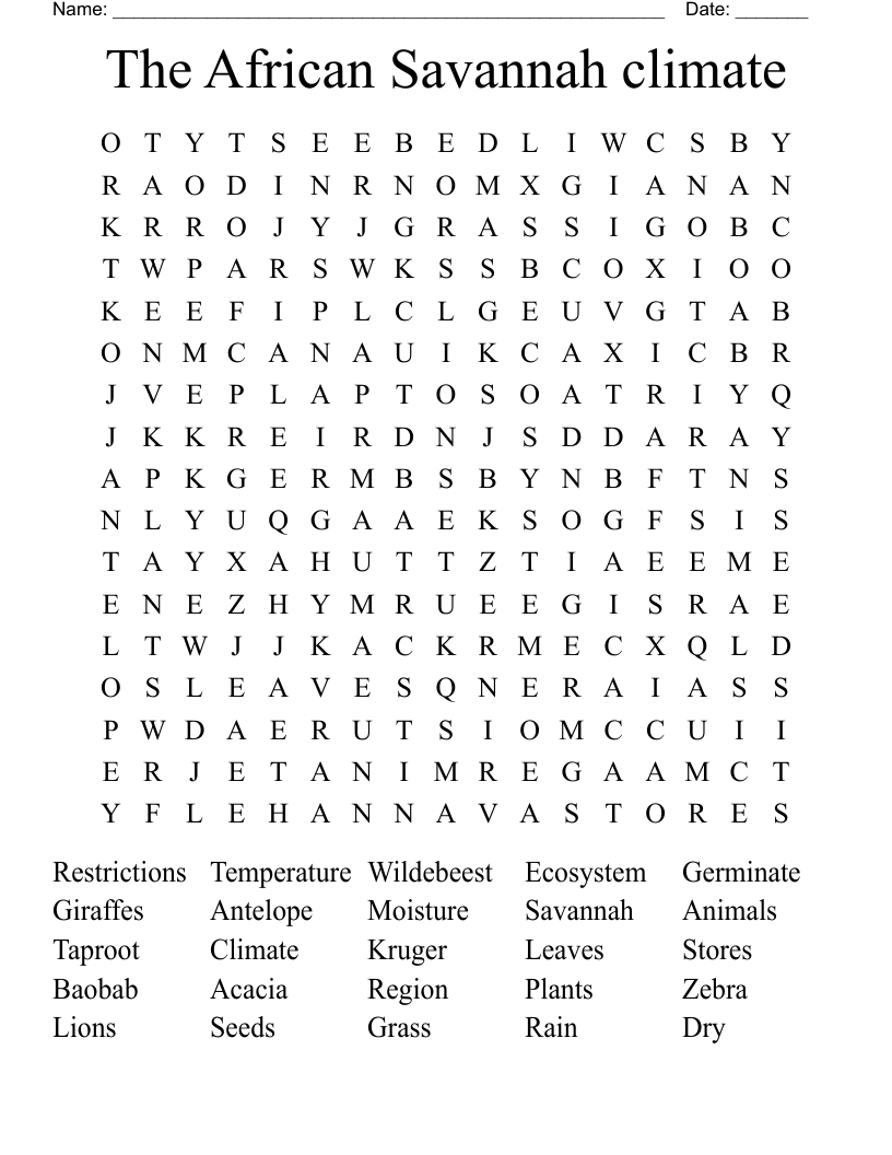 The African Savannah climate Word Search