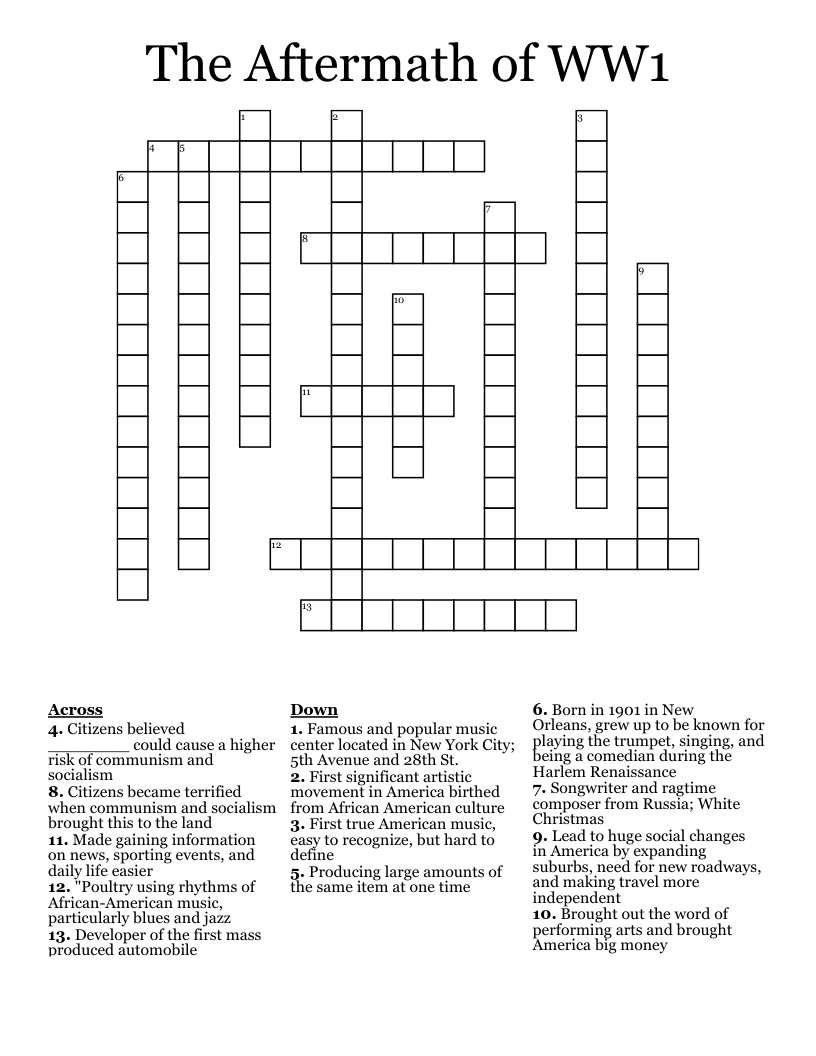The Aftermath of WW1 Crossword