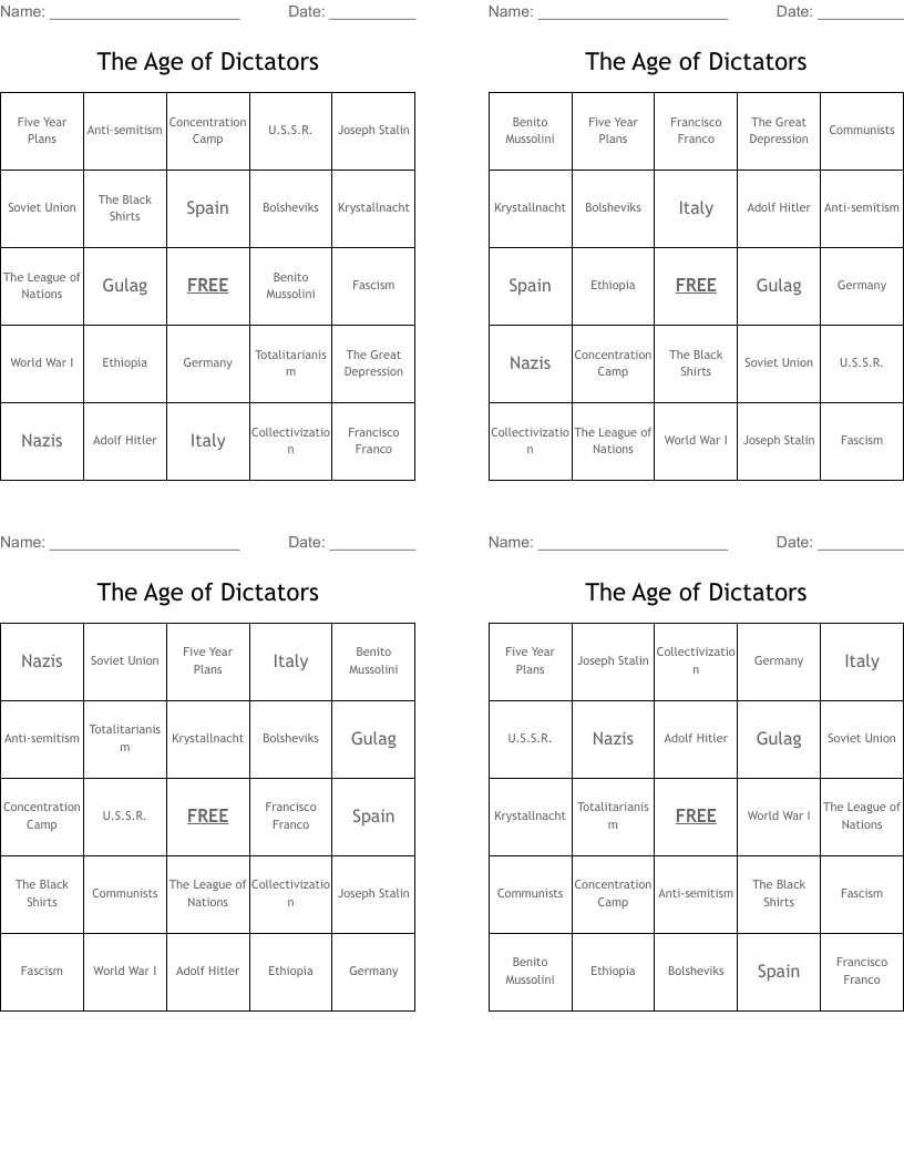 The Age of Dictators Bingo Cards