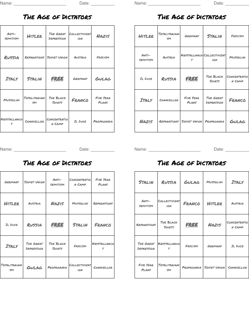 The Age of Dictators Bingo Cards