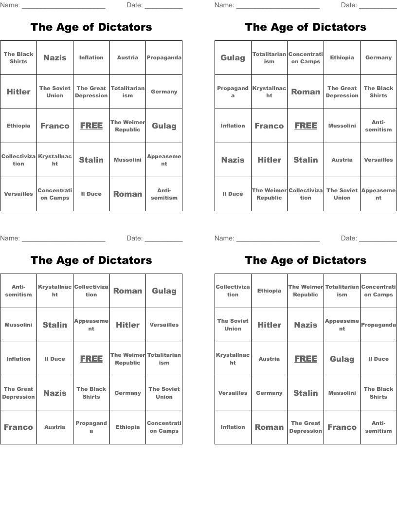 The Age of Dictators Bingo Cards