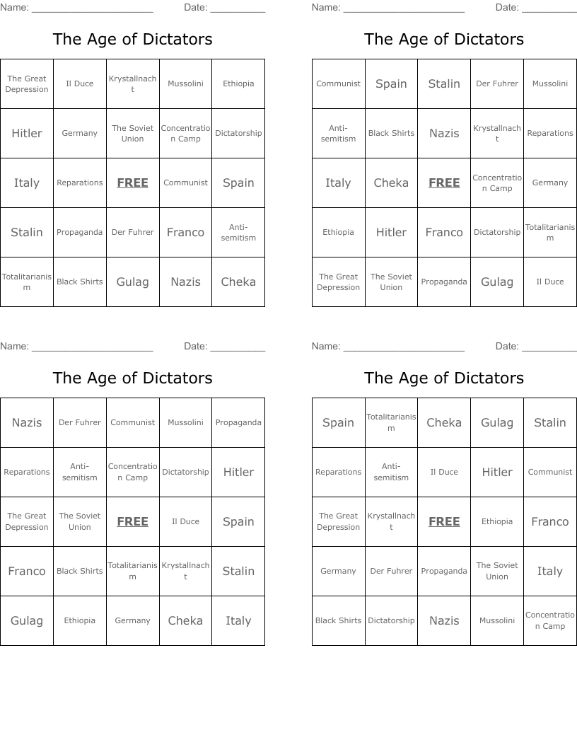 The Age of Dictators Bingo Cards