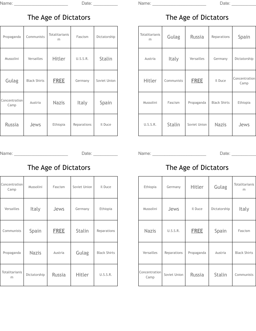 The Age of Dictators Bingo Cards