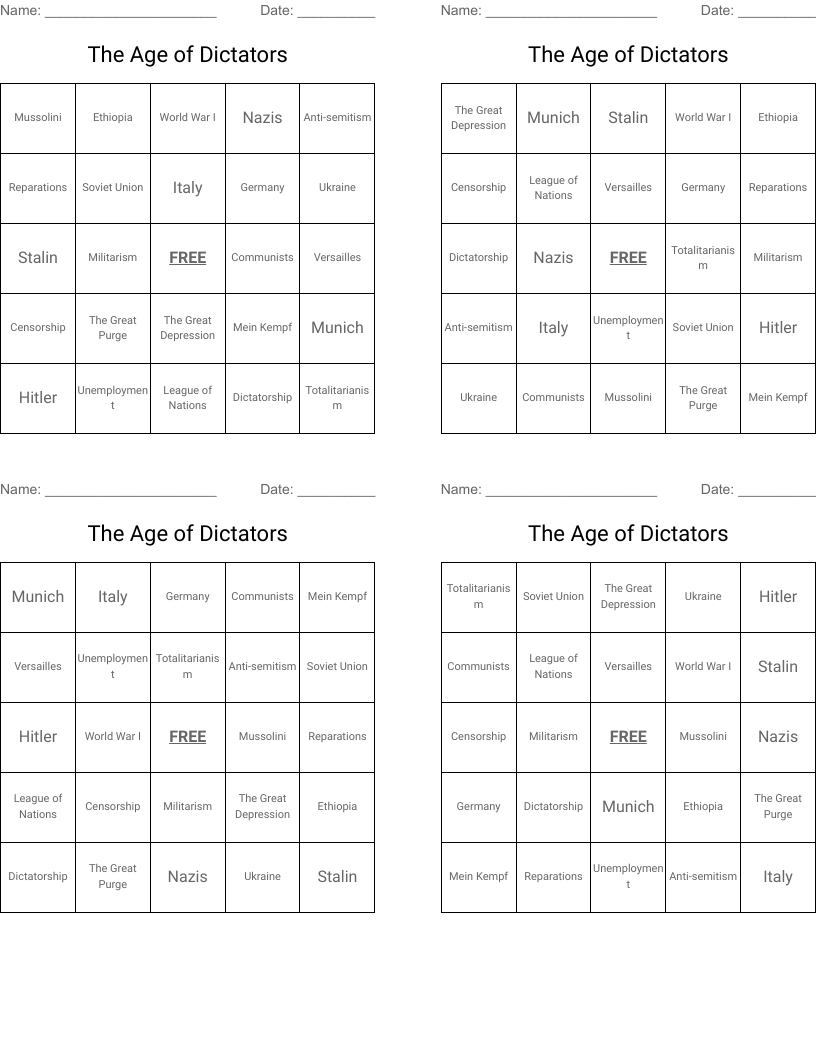 The Age of Dictators Bingo Cards