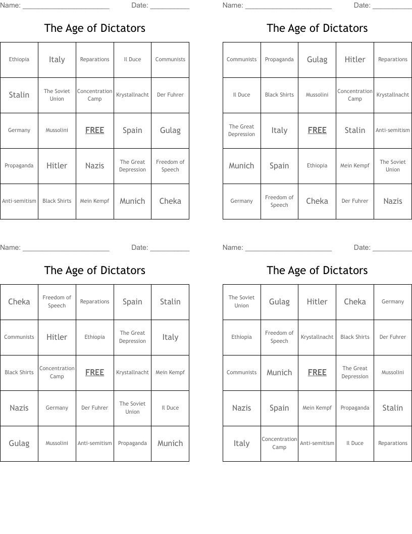 The Age of Dictators Bingo Cards