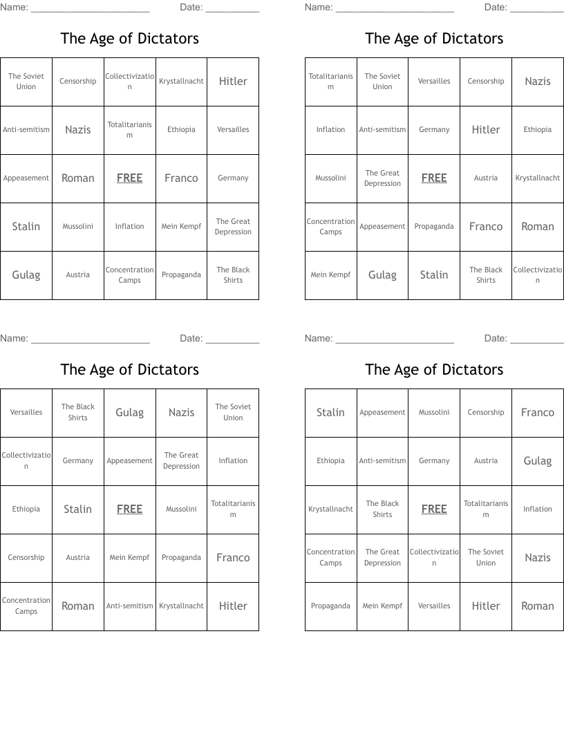 The Age of Dictators Bingo Cards