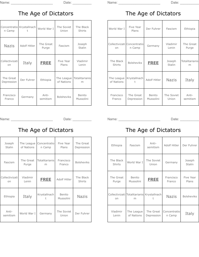 The Age of Dictators Bingo Cards