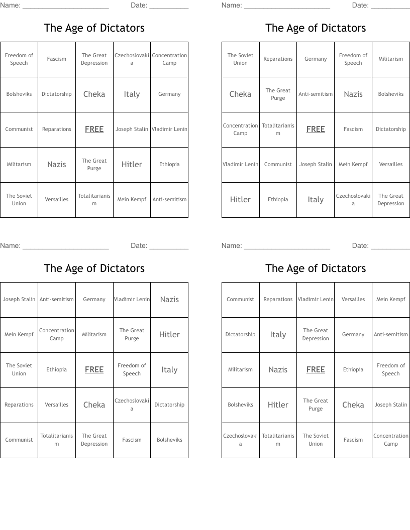 The Age of Dictators Bingo Cards