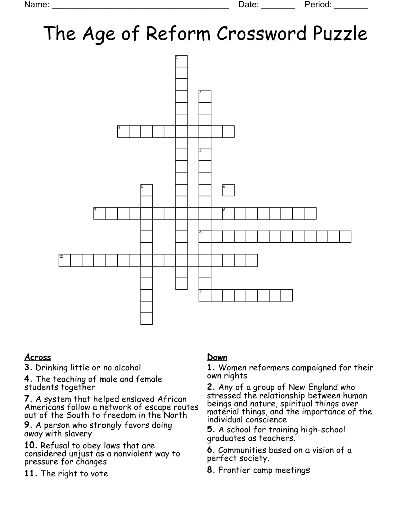The Age of Reform Crossword Puzzle