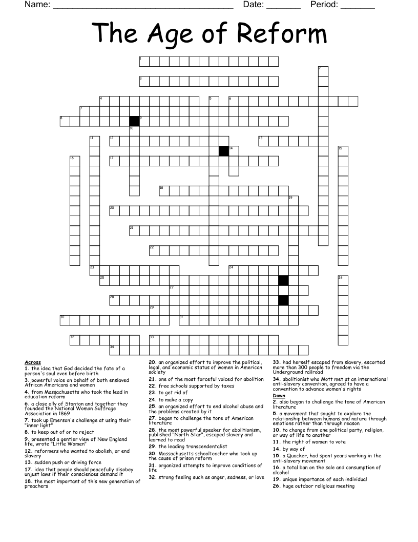 The Age of Reform  Crossword