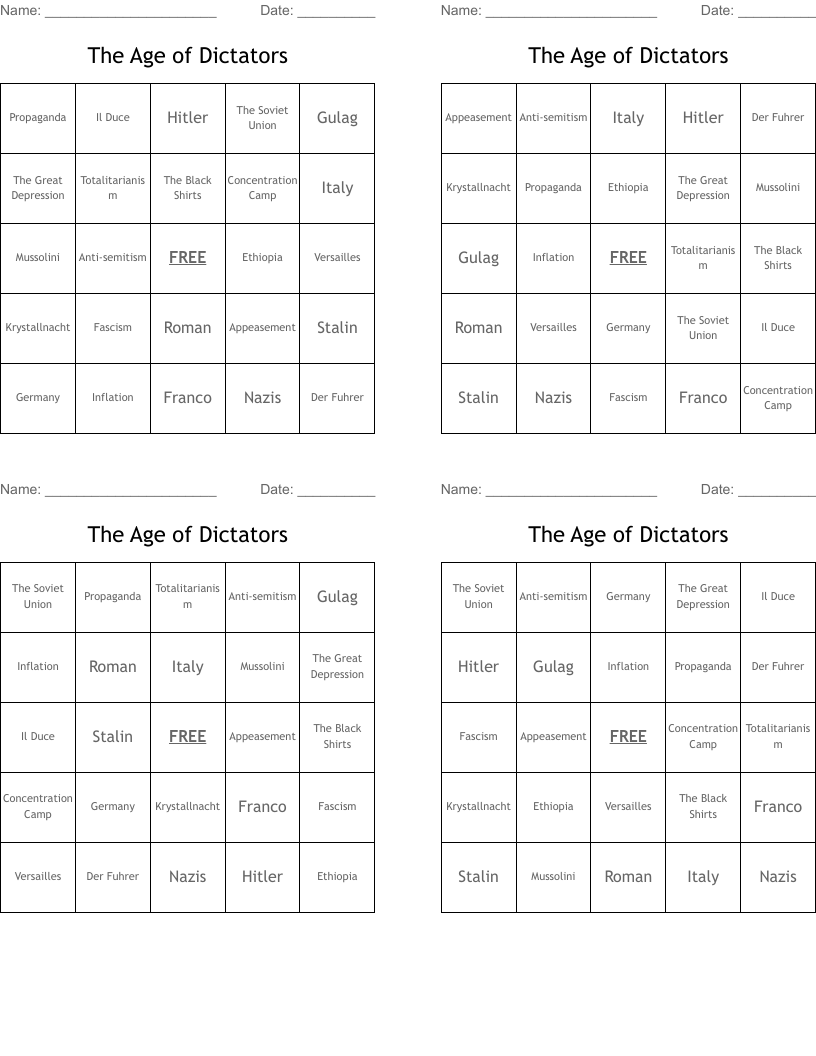 The Age of  Dictators Bingo Cards