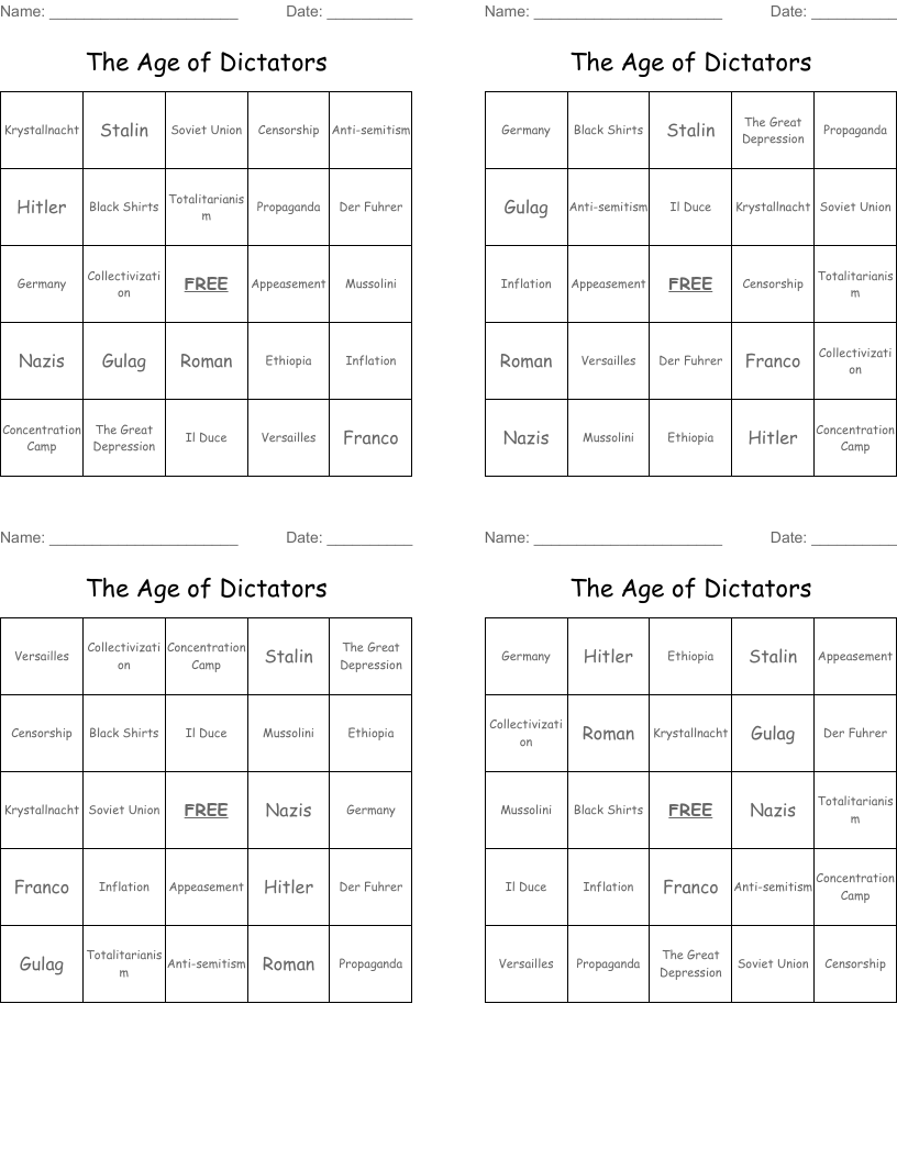 The Age of  Dictators Bingo Cards