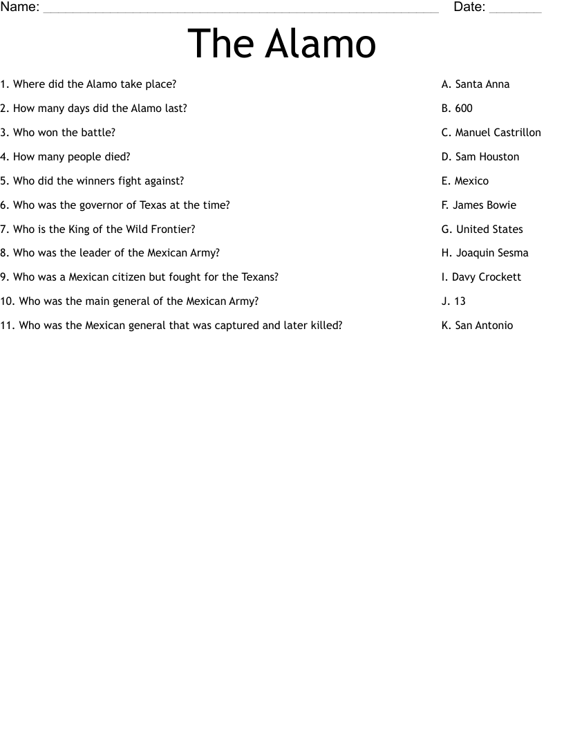 The Alamo  Worksheet