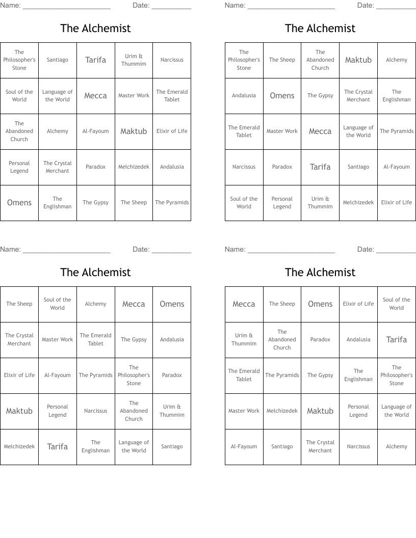 The Alchemist Bingo Cards