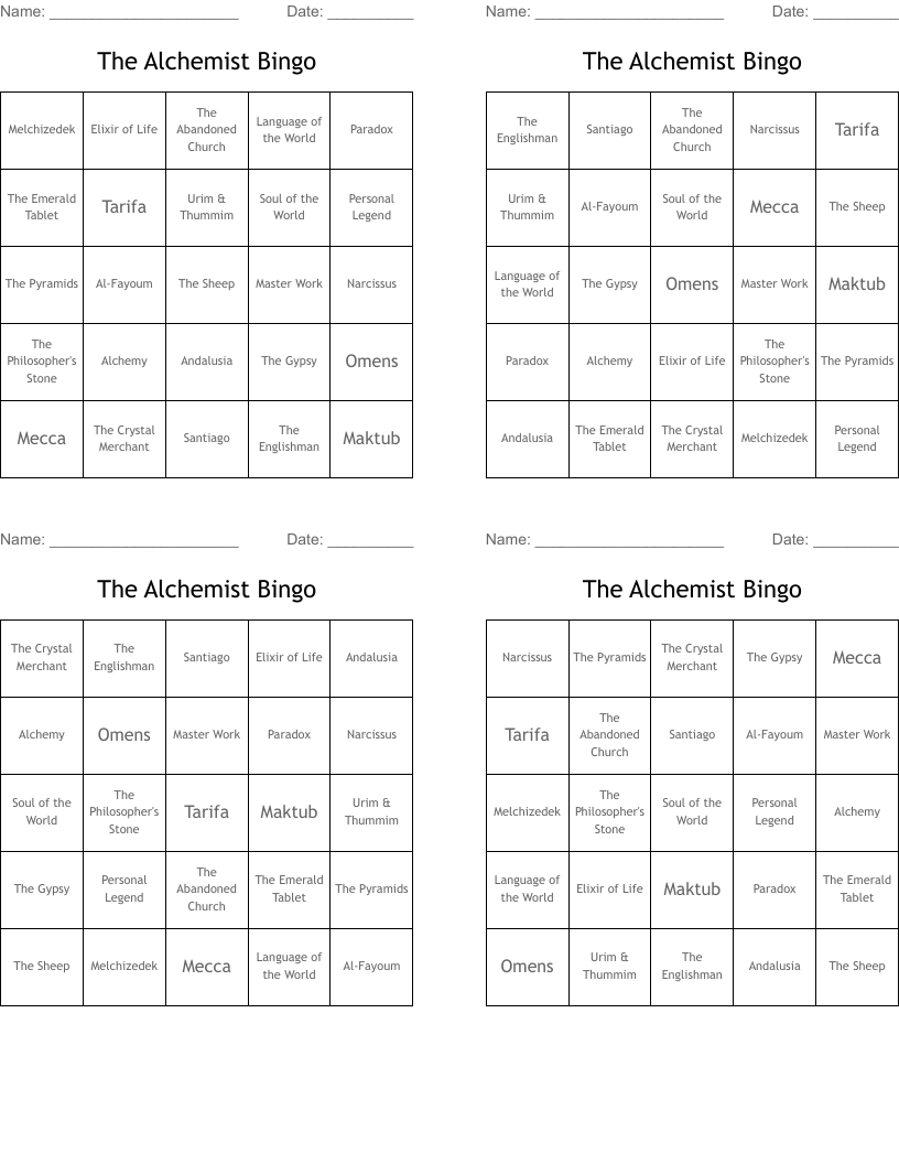 The Alchemist Bingo