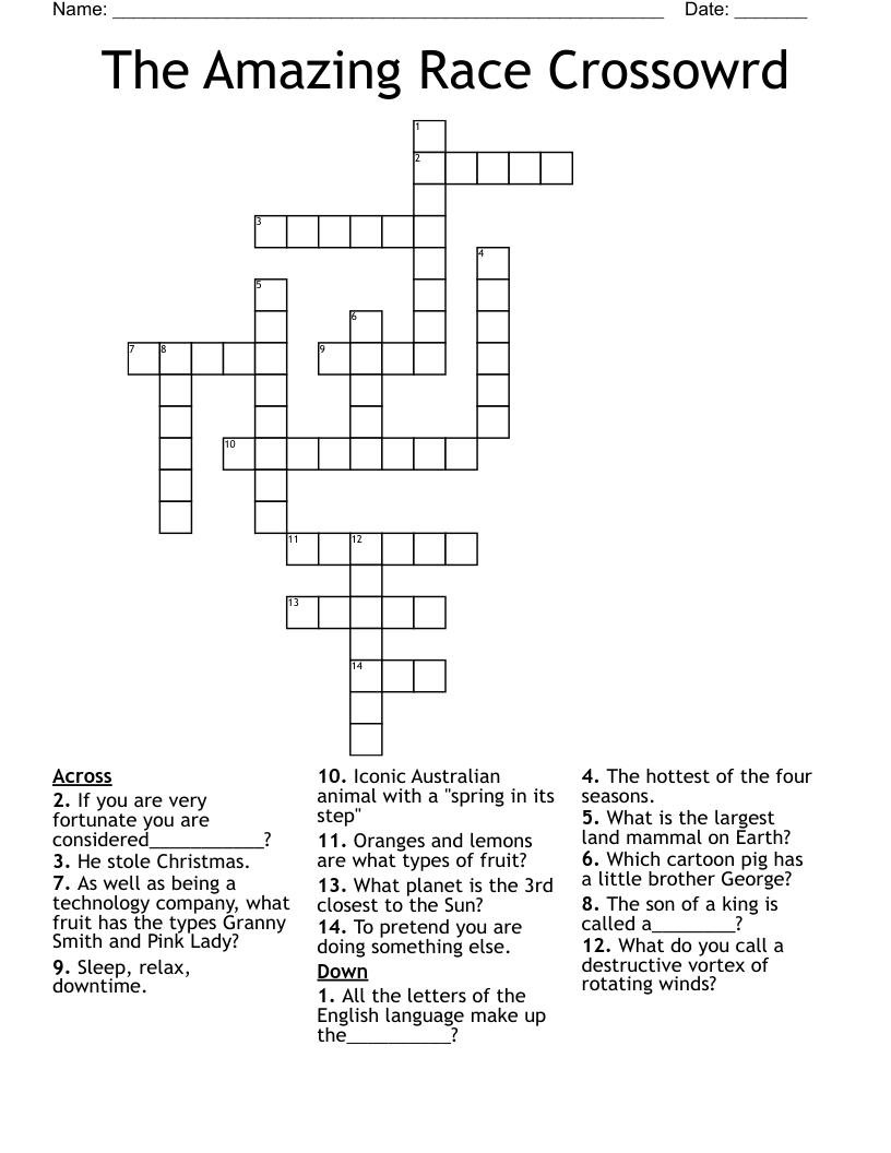 The Amazing Race Crossowrd  Crossword