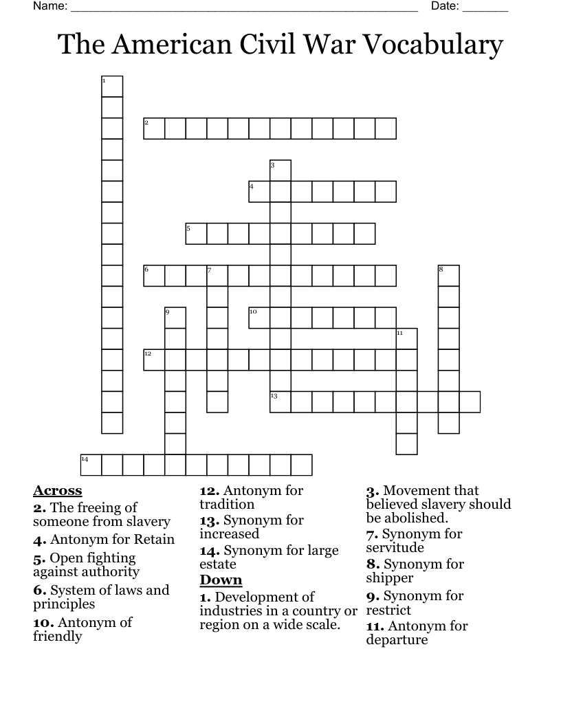 The American Civil War Vocabulary Crossword