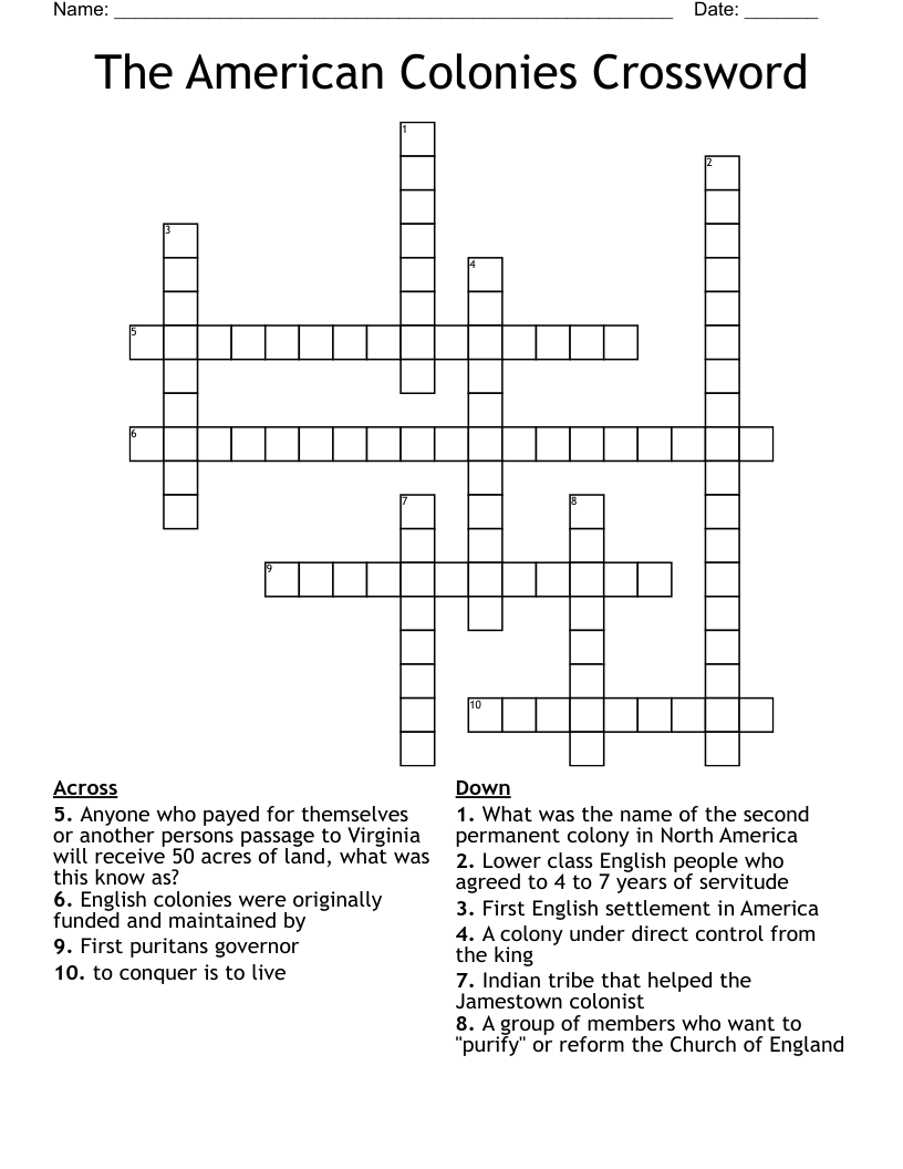 The American Colonies Crossword