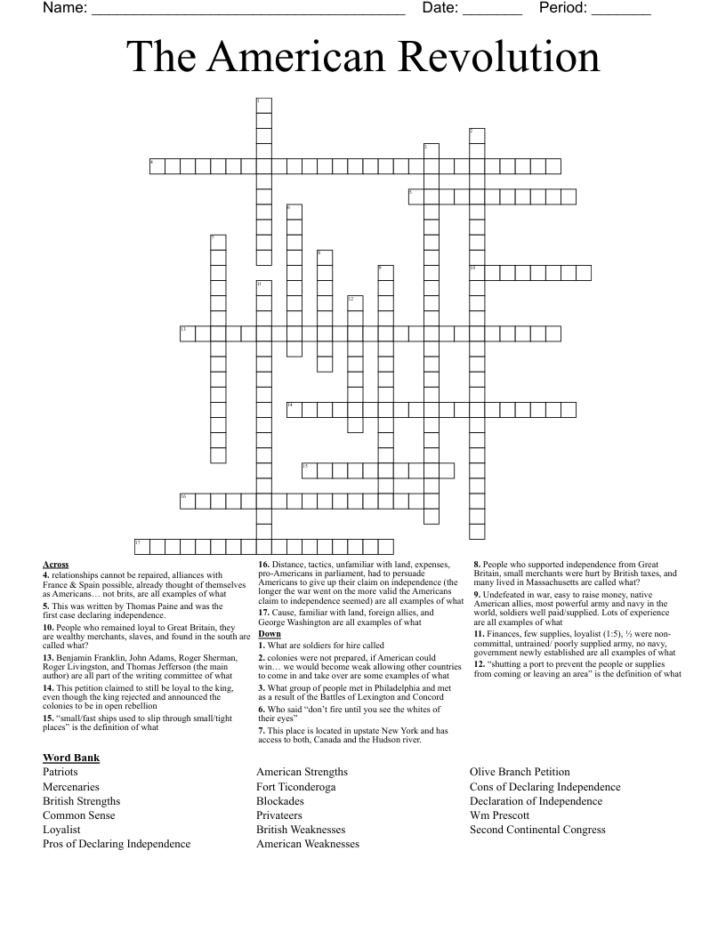 The American Revolution Crossword
