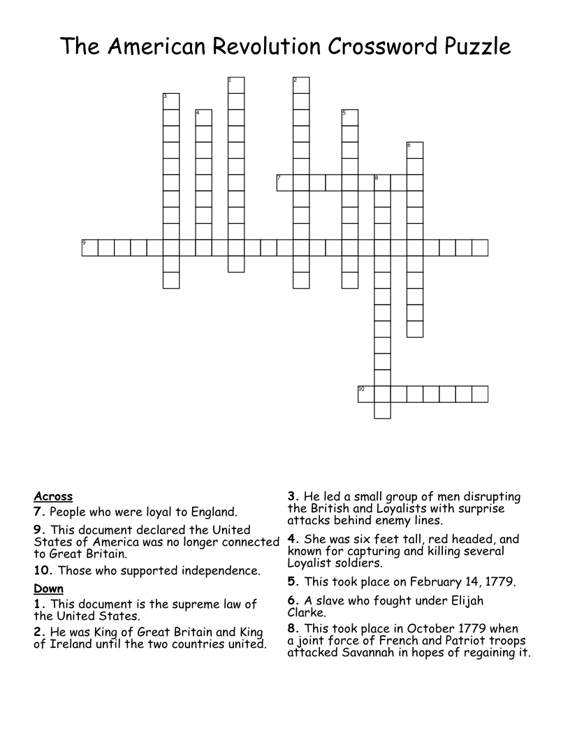 The American Revolution Crossword Puzzle