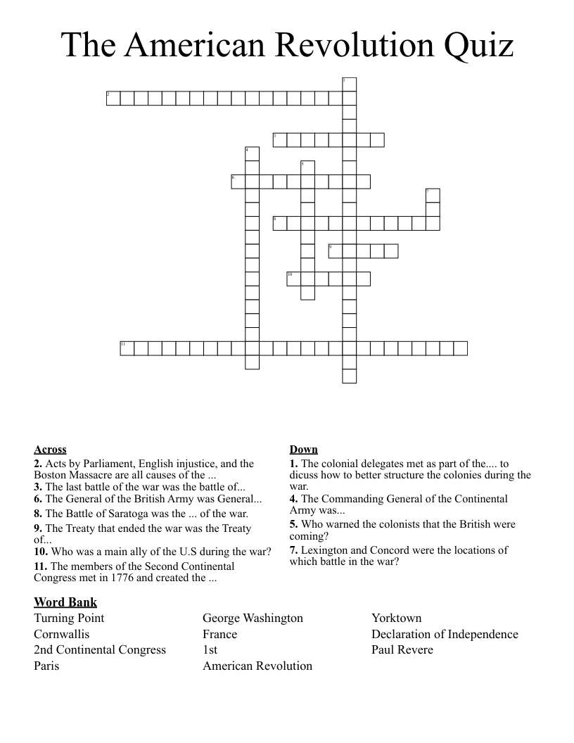 The American Revolution Quiz Crossword