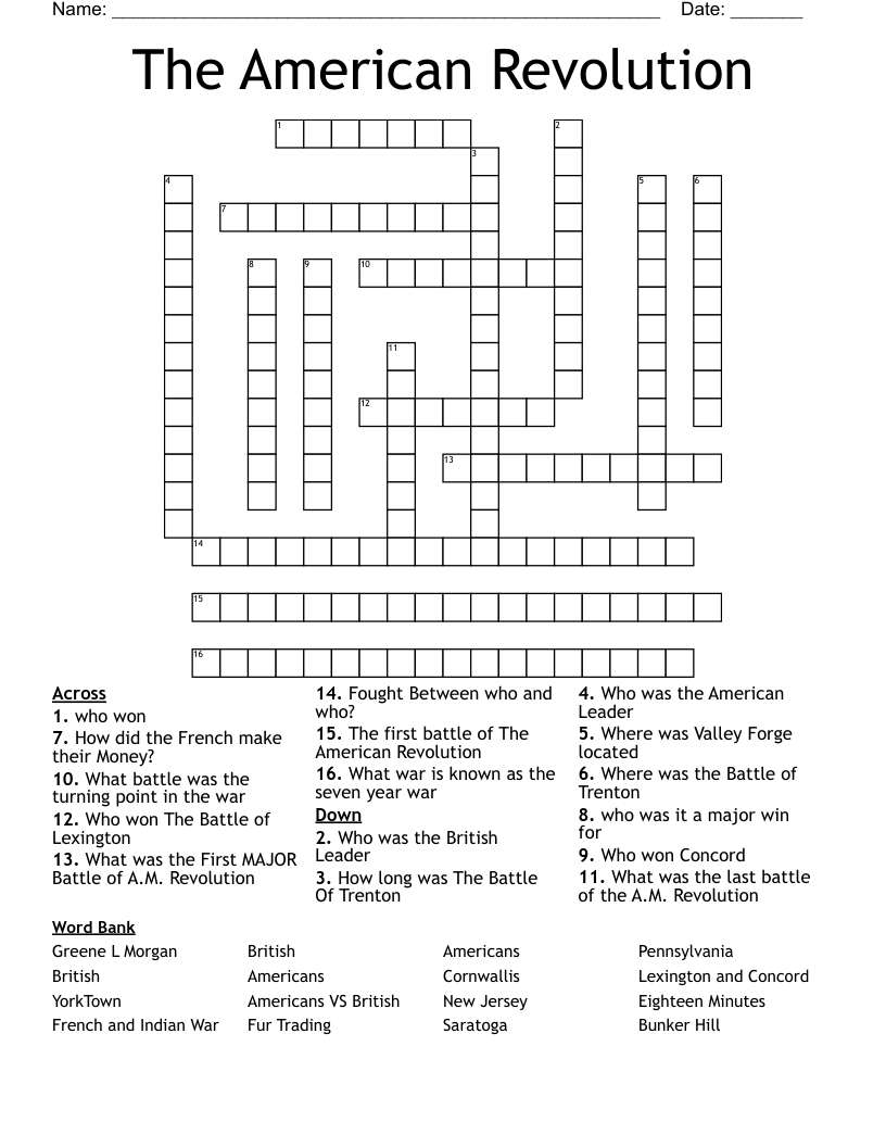 The American Revolution  Crossword