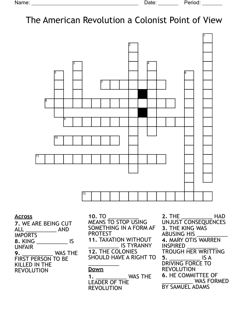 The American Revolution a Colonist Point of View Crossword