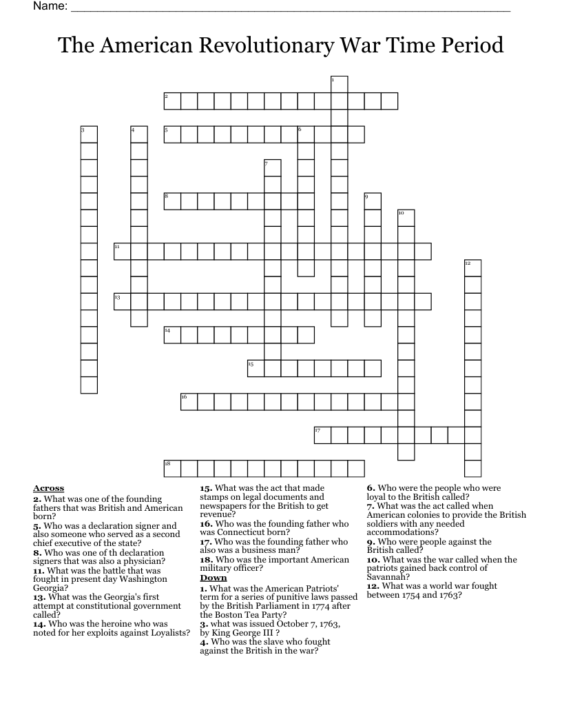 The American Revolutionary War Time Period Crossword