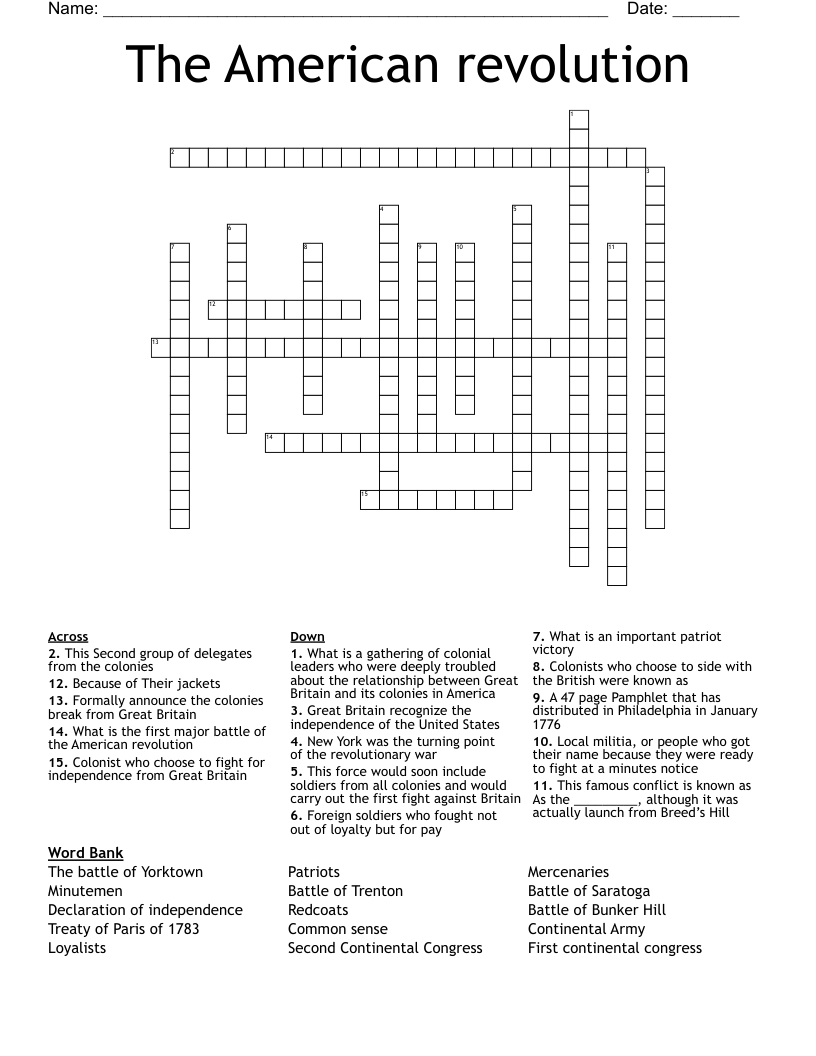 The American revolution  Crossword