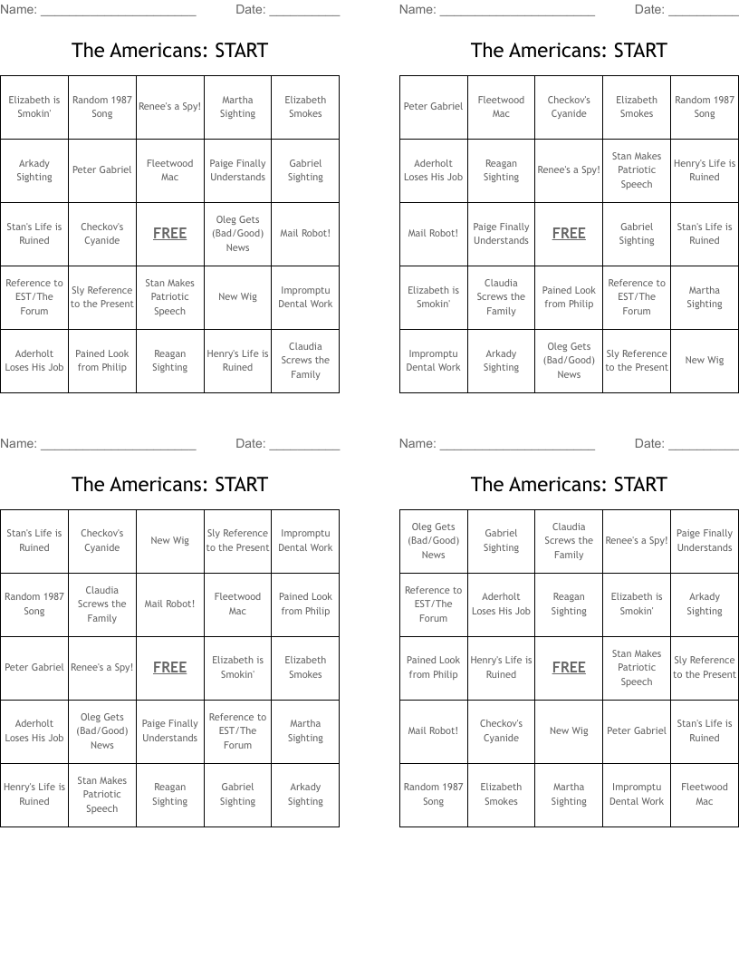 The Americans: START Bingo Cards