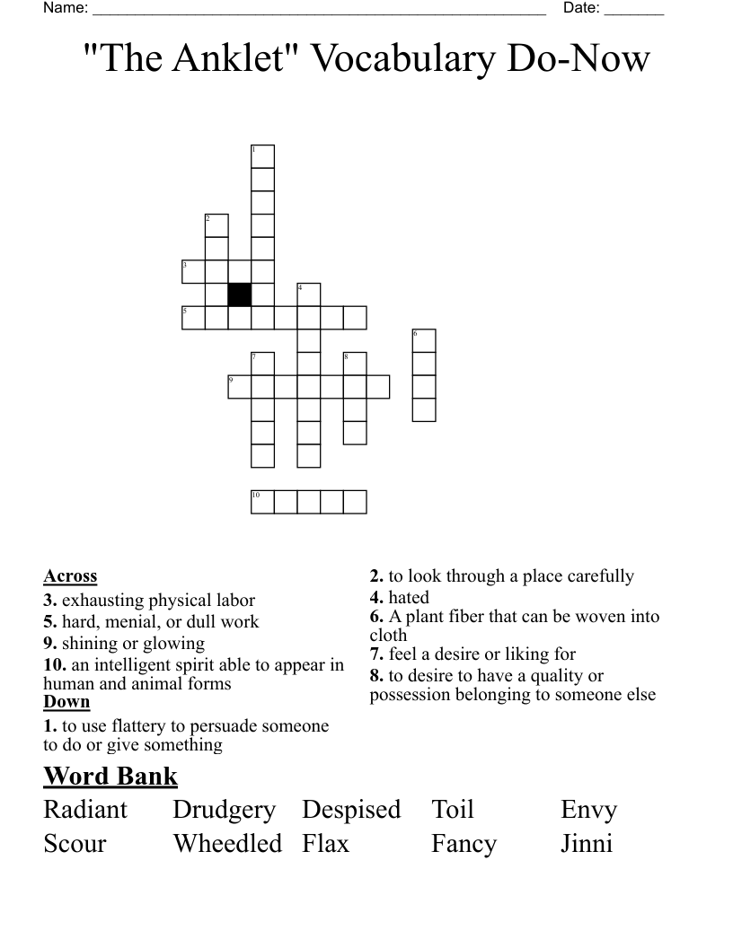 "The Anklet" Vocabulary Do-Now  Crossword