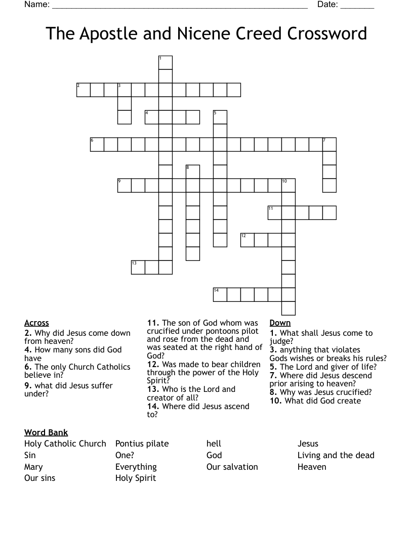 The Apostle and Nicene Creed Crossword 