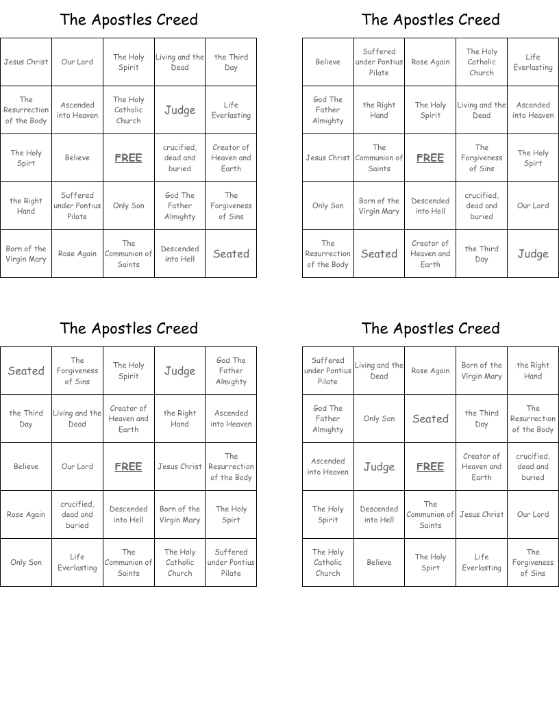 The Apostles Creed Bingo Cards