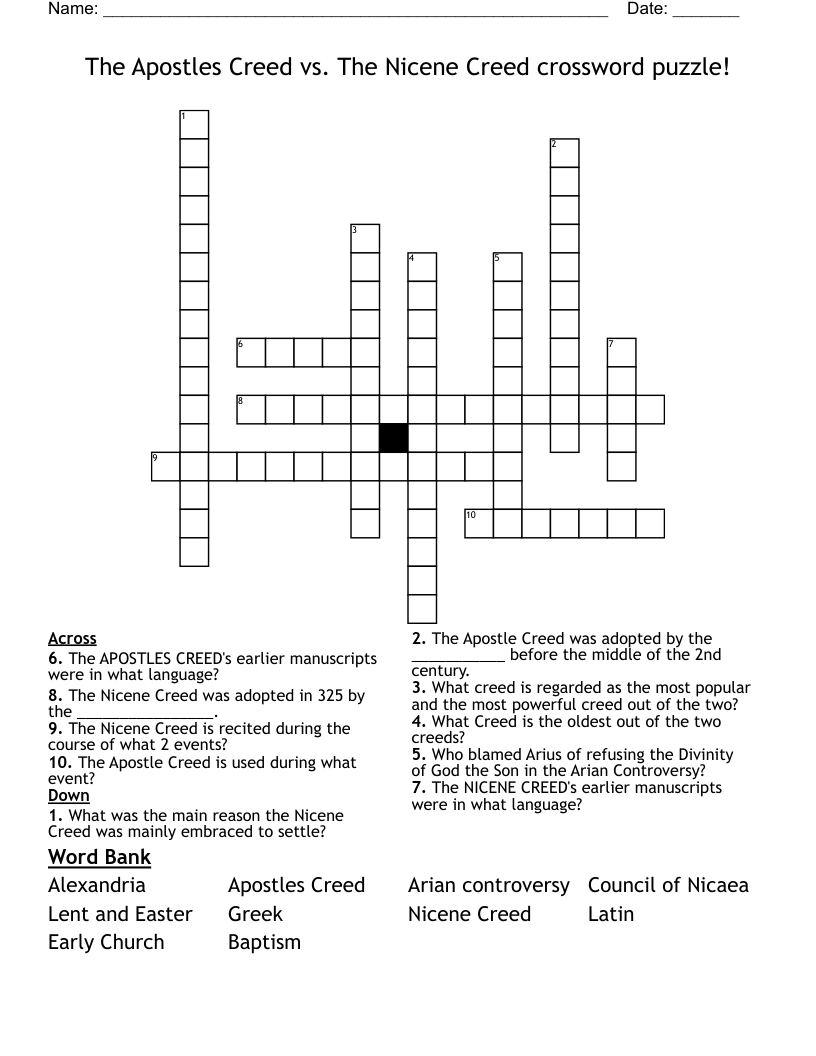 The Apostles Creed vs. The Nicene Creed crossword puzzle!