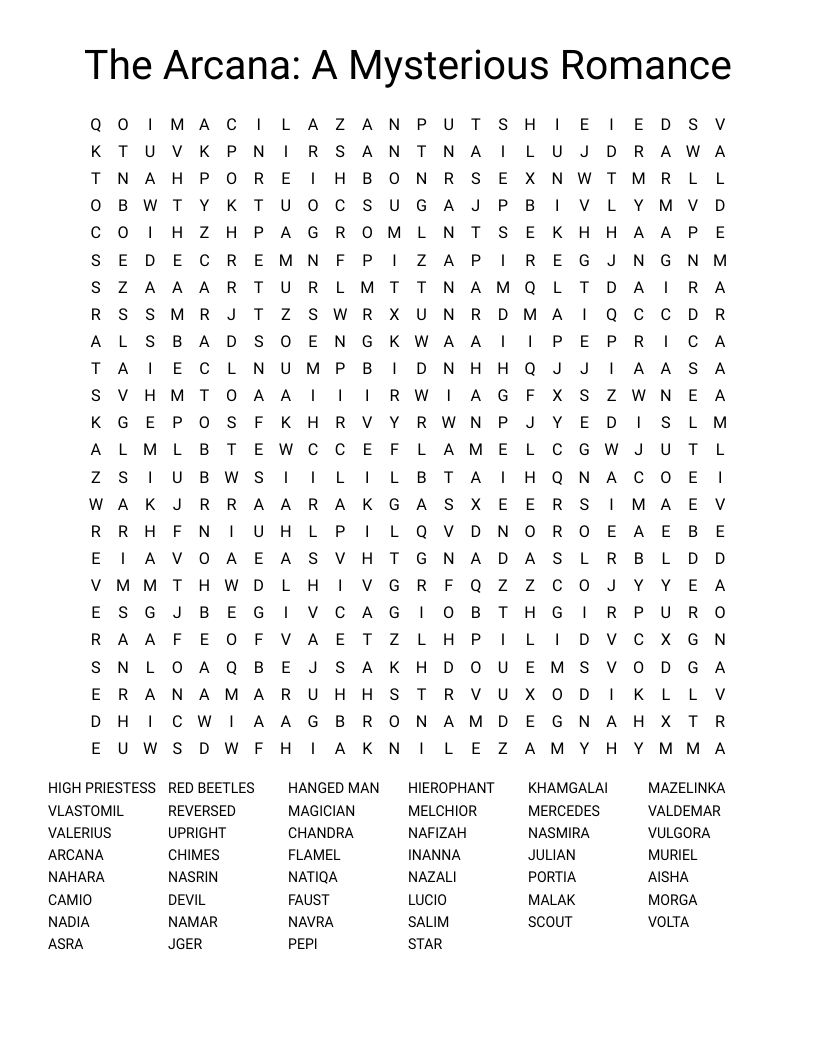 The Arcana: A Mysterious Romance Word Search