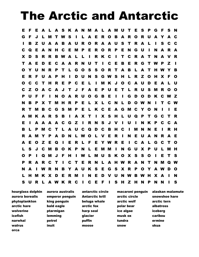 The Arctic and Antarctic Word Search