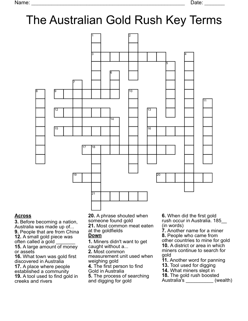 The Australian Gold Rush Key Terms Crossword