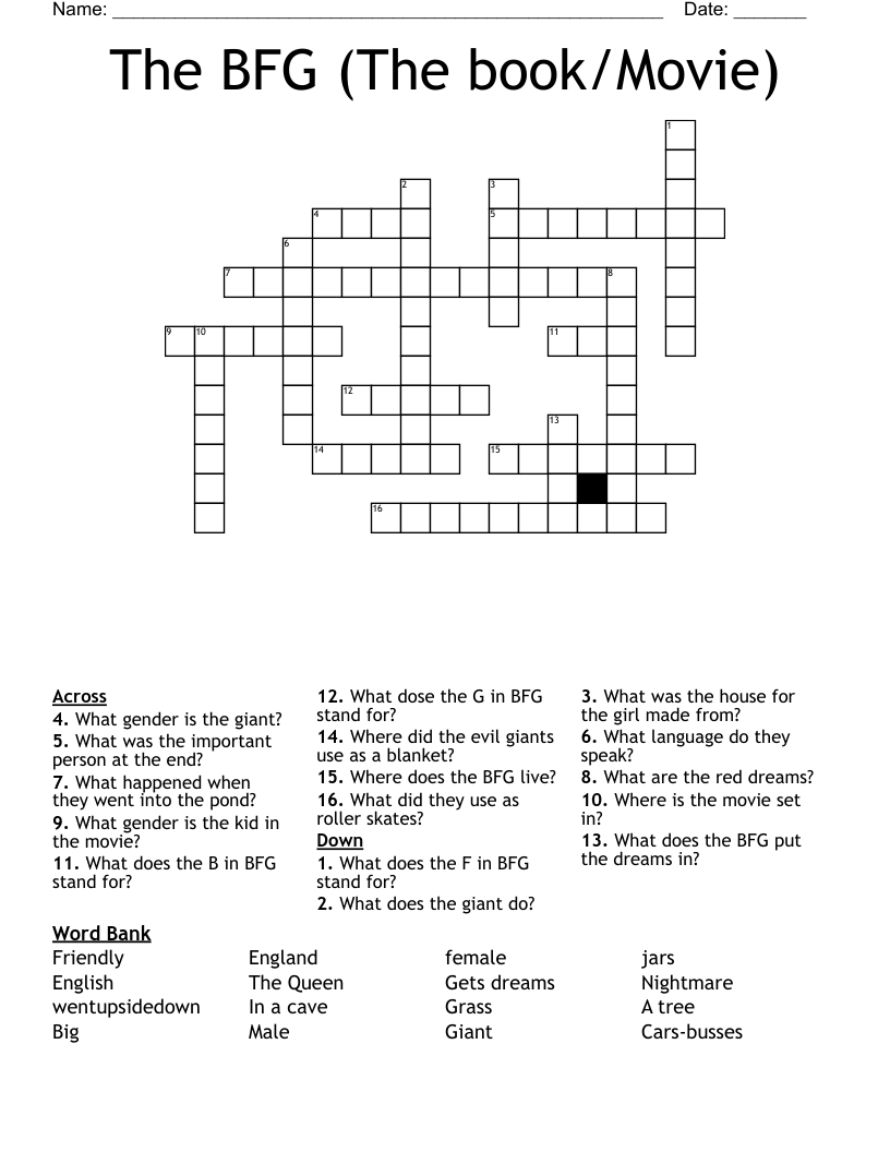 The BFG (The book/Movie) Crossword